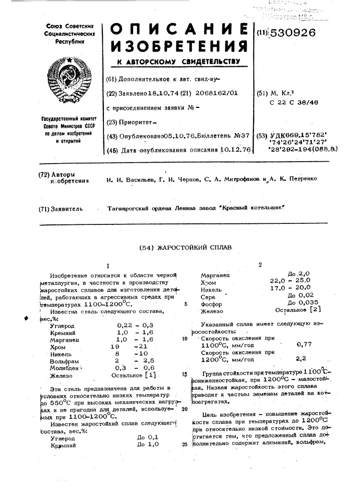 Жаростойкий сплав (патент 530926)