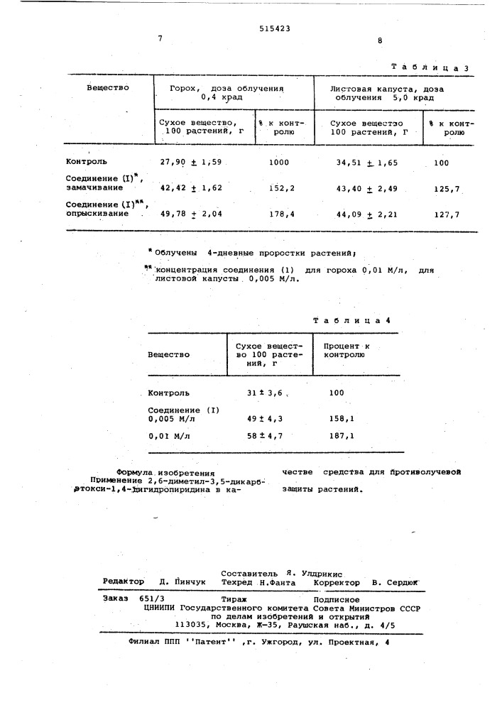 Средство противолучевой защиты растений (патент 515423)