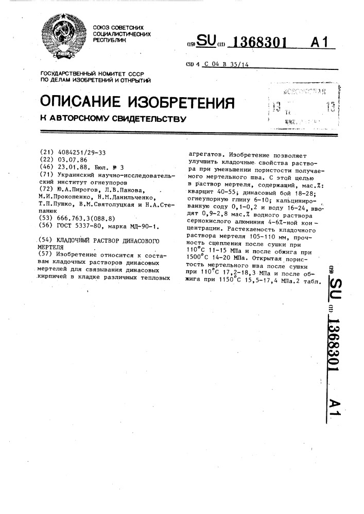 Кладочный раствор динасового мертеля (патент 1368301)