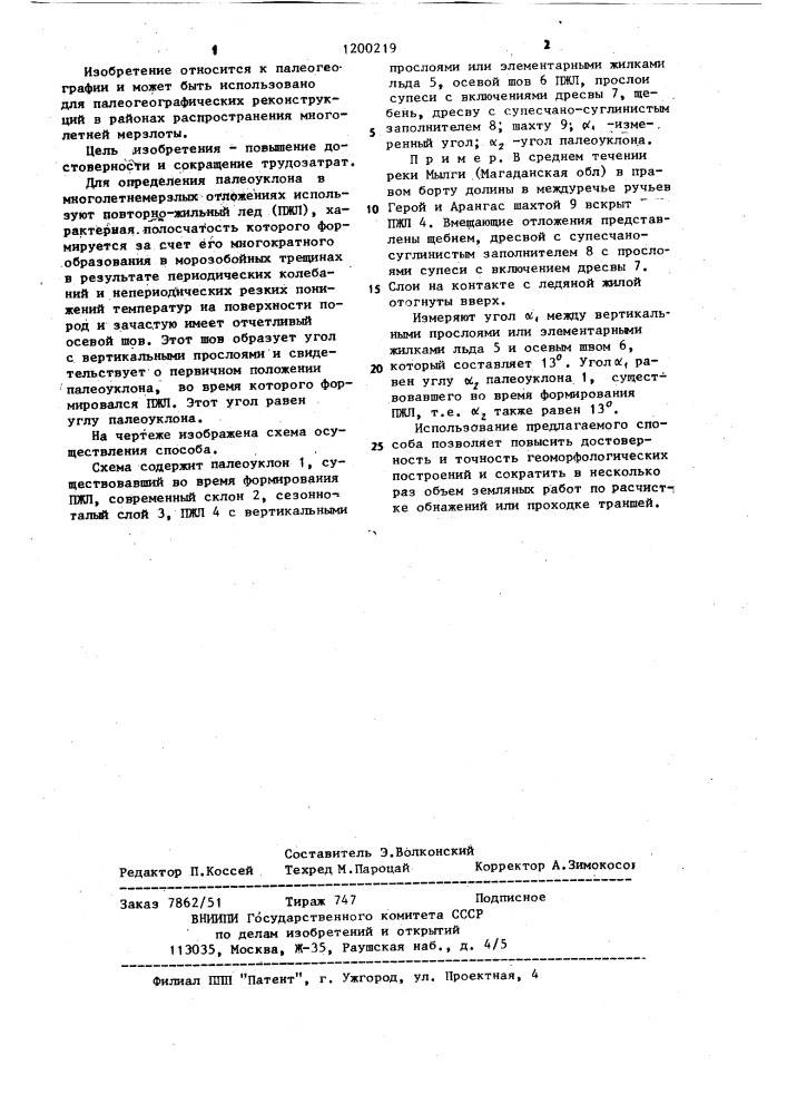 Способ определения палеоуклона в многолетнемерзлых отложениях (патент 1200219)