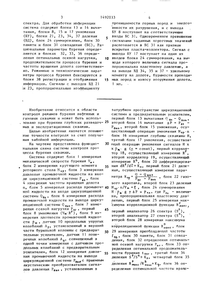 Система контроля процесса бурения скважин (патент 1492033)