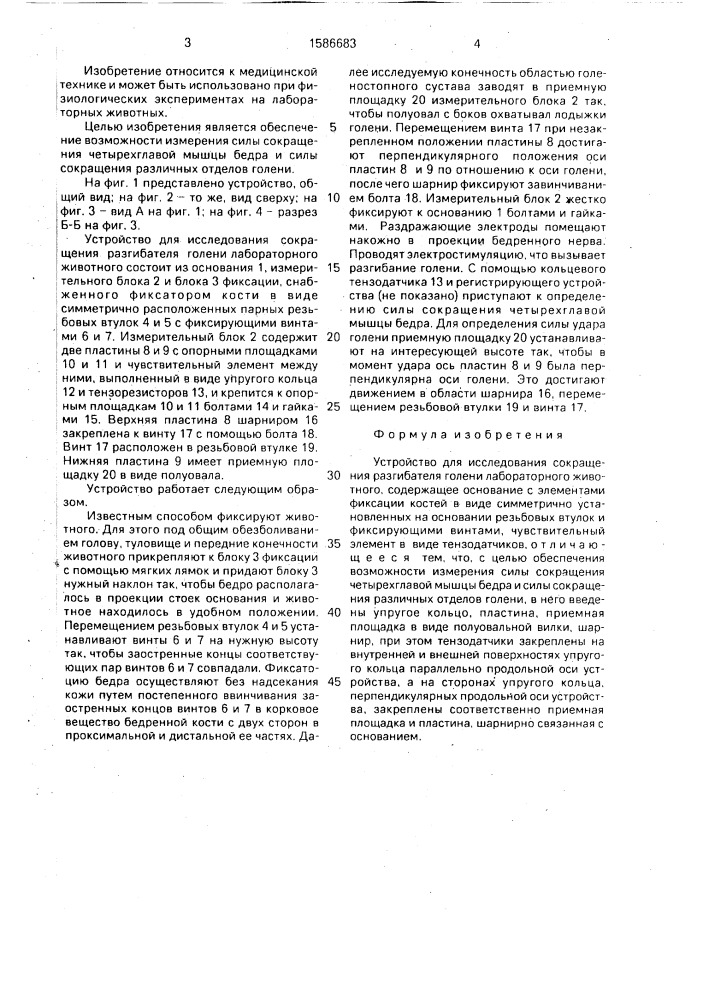 Устройство для исследования сокращения разгибателя голени лабораторного животного (патент 1586683)