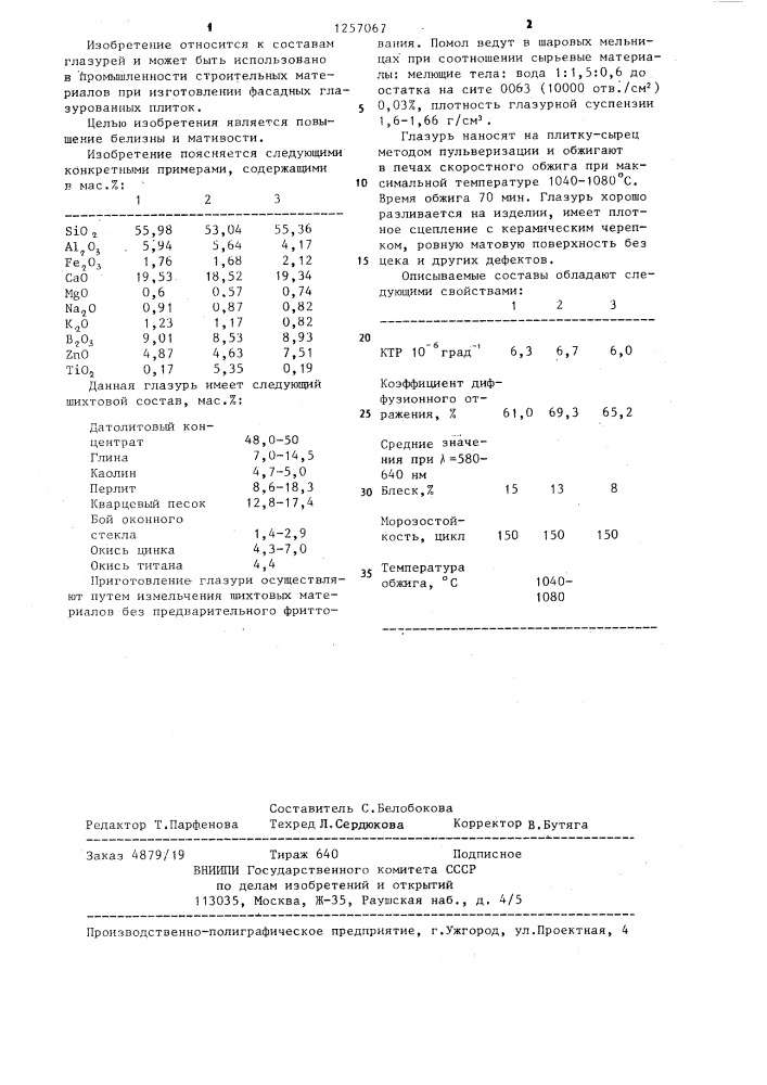 Нефриттованная матовая глазурь (патент 1257067)