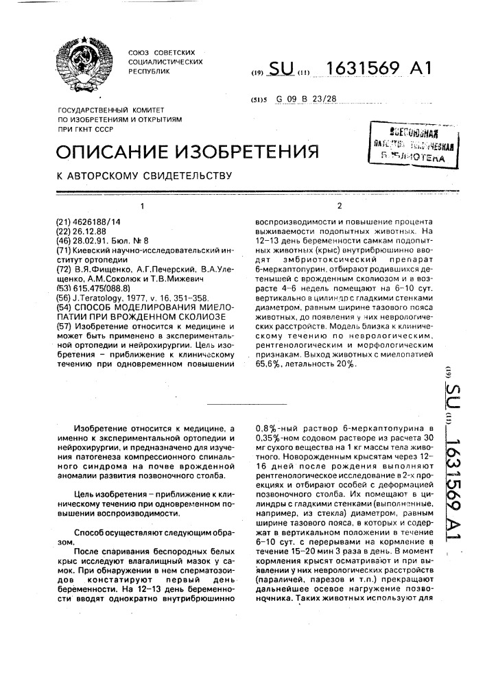 Способ моделирования миелопатии при врожденном сколиозе (патент 1631569)