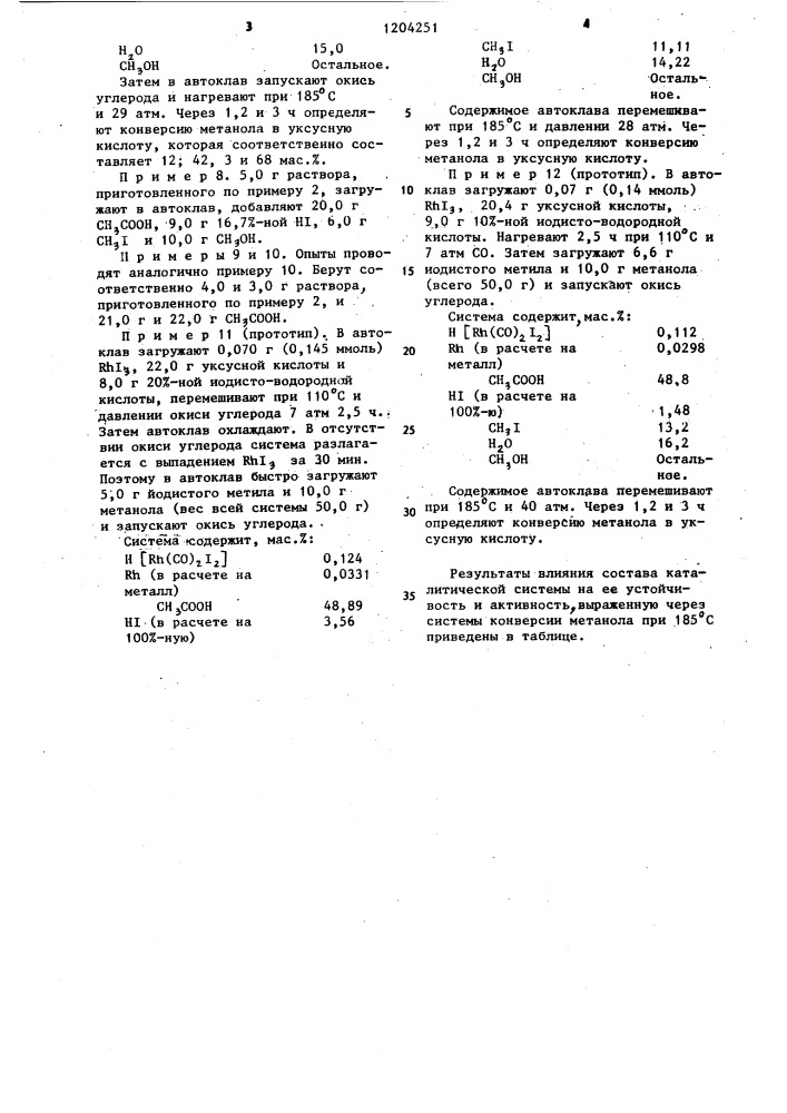 Каталитическая система для синтеза уксусной кислоты (патент 1204251)