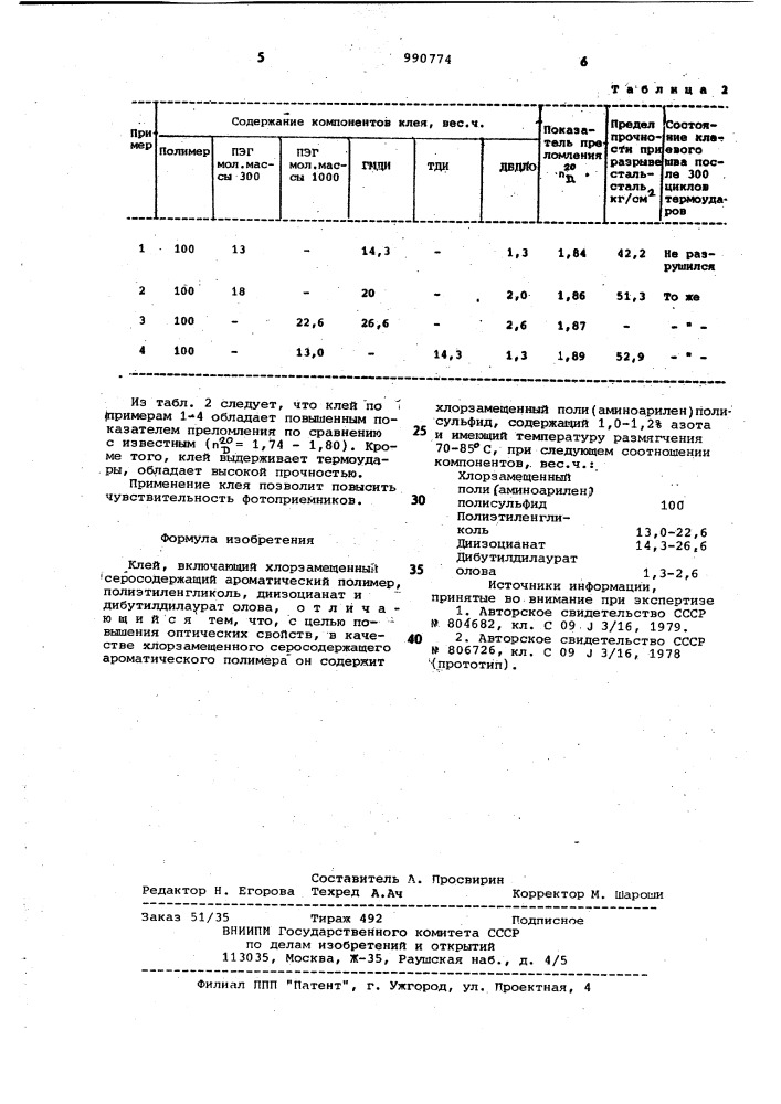 Клей (патент 990774)