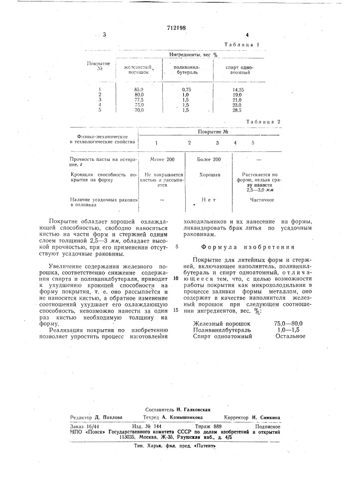 Покрытие для литейных форм и стержней (патент 712198)
