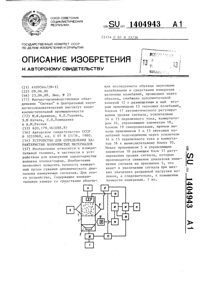 Устройство для определения характеристик волокнистых материалов (патент 1404943)