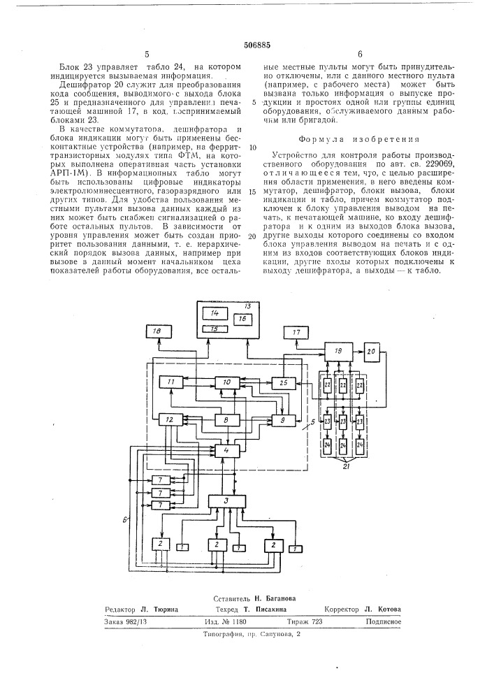 Устройство для контроля работы производственного оборудования (патент 506885)
