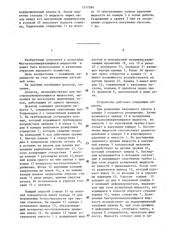 Дозатор быстрополимеризующихся жидкостей (патент 1317284)