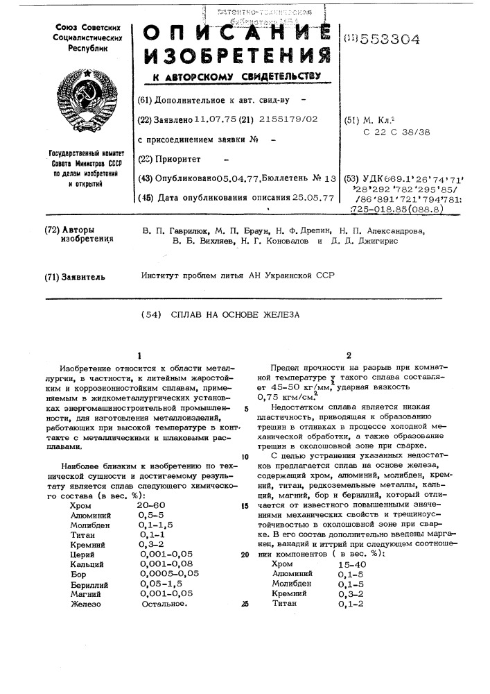 Сплав на основе железа (патент 553304)