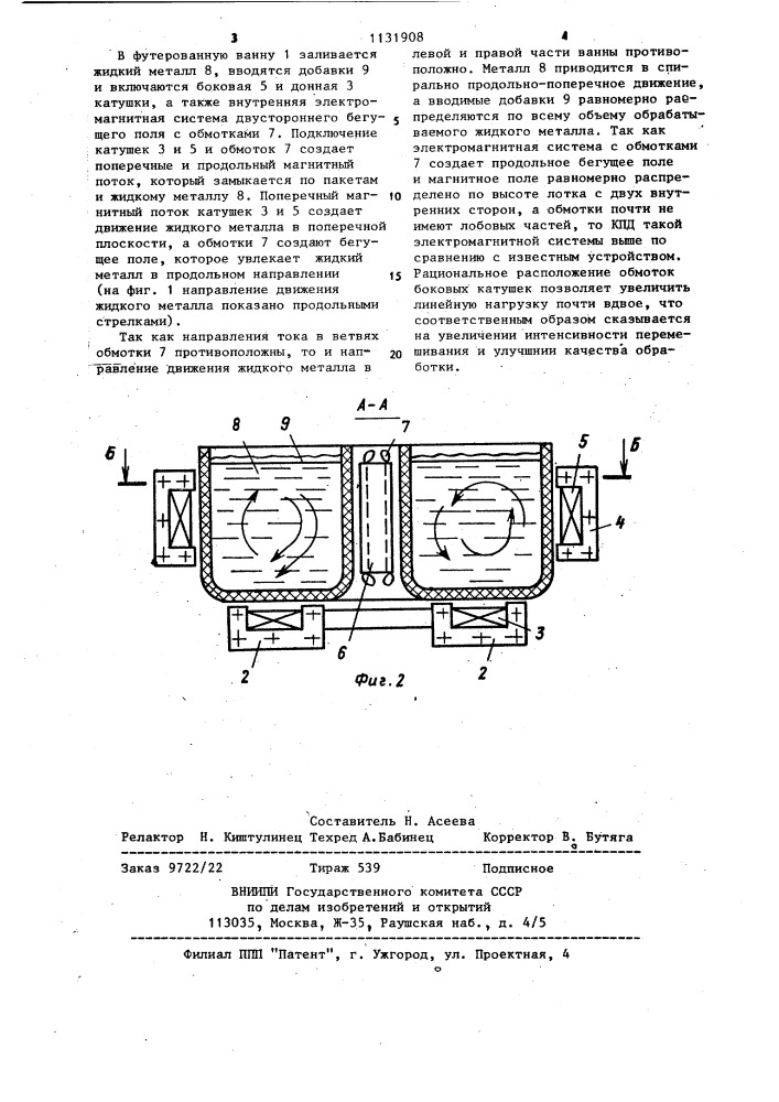 Электромагнитный лоток для обработки жидких металлов (патент 1131908)