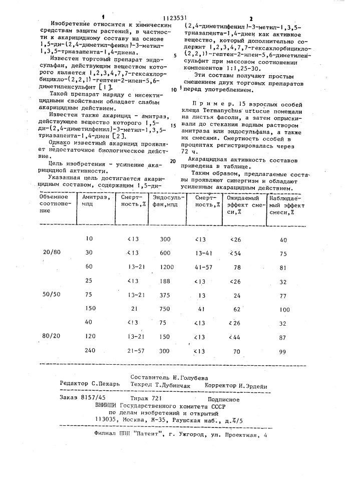 Акарицидный состав (патент 1123531)