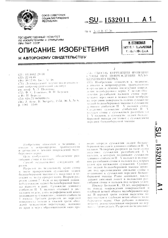 Способ коррекции функции стопы при повреждении малоберцового нерва (патент 1532011)