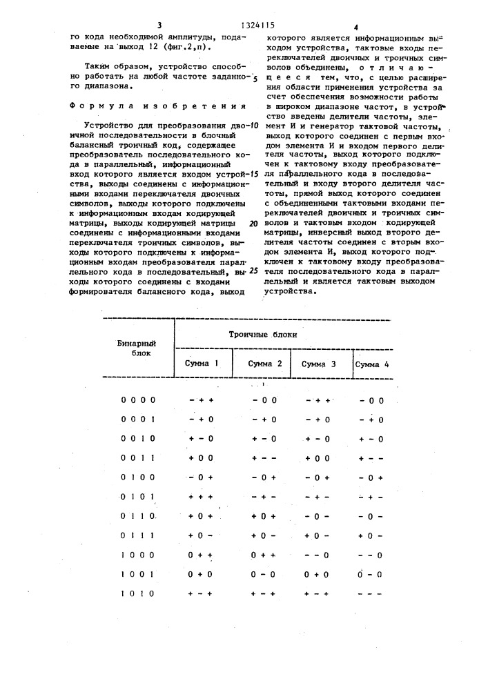 Устройство для преобразования двоичной последовательности в блочный балансный троичный код (патент 1324115)