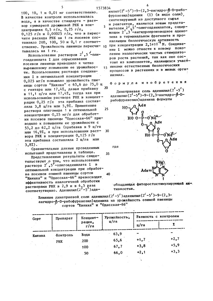 Динатриевая соль аденилил(2 @ -5 @ ) аденилил (2 @ -5 @ )-9- (2,3-ангидро- @ - @ -рибофуранозил)аденина, обладающая фиторостостимулирующей активностью (патент 1573834)