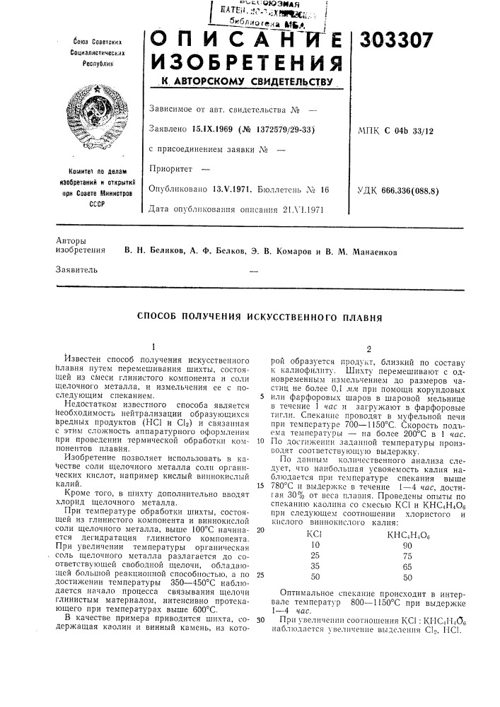 Способ получения искусственного плавня (патент 303307)
