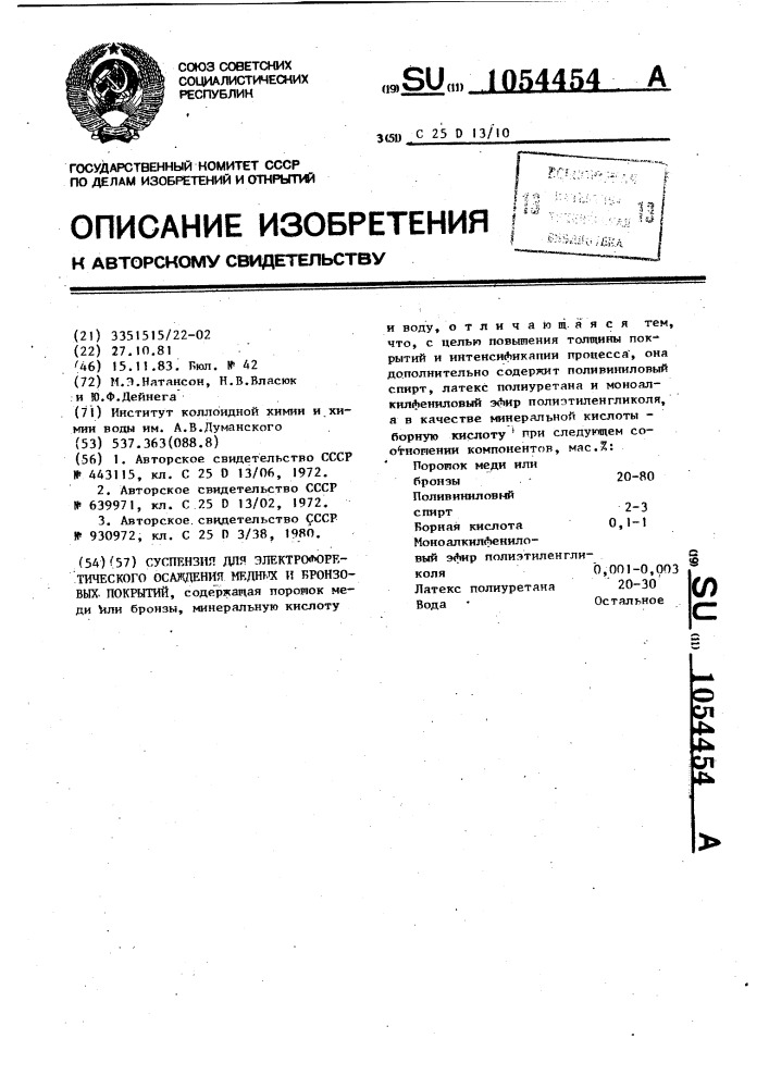Суспензия для электрофоретического осаждения медных и бронзовых покрытий (патент 1054454)
