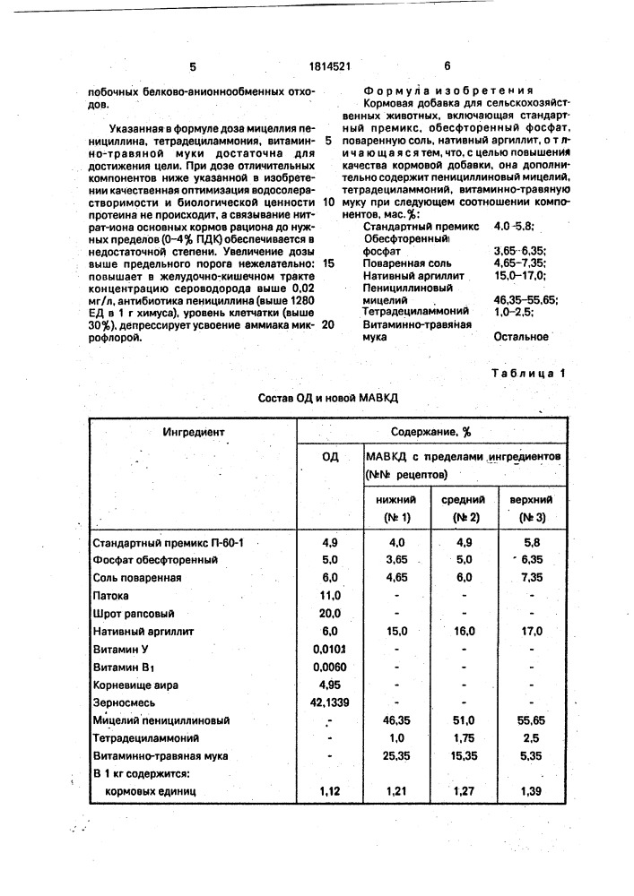 Кормовая добавка для сельскохозяйственных животных (патент 1814521)