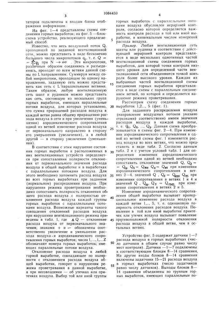 Способ и устройство автоматического контроля распределения воздуха в вентиляционной сети шахт и рудников (патент 1084459)