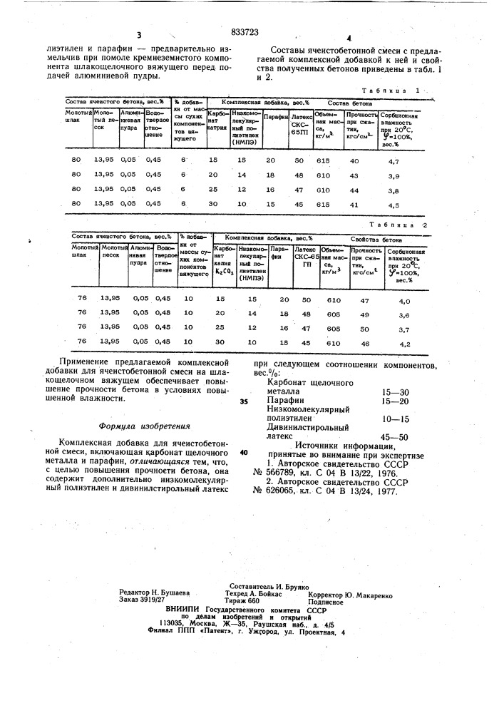 Комплексная добавка для ячеисто-бетонной смеси (патент 833723)