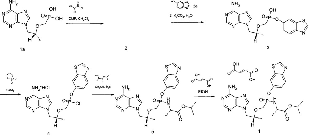 Изопропил n-[{ [(1r)-2-(6-амино-9h-пурин-9-ил)-1-метилэтокси]метил} (1,3-бензотиазол-6-ил-окси)фосфорил]-l-аланинат фумарат в качестве противовирусного препарата - пролекарства тенофовира (патент 2665037)