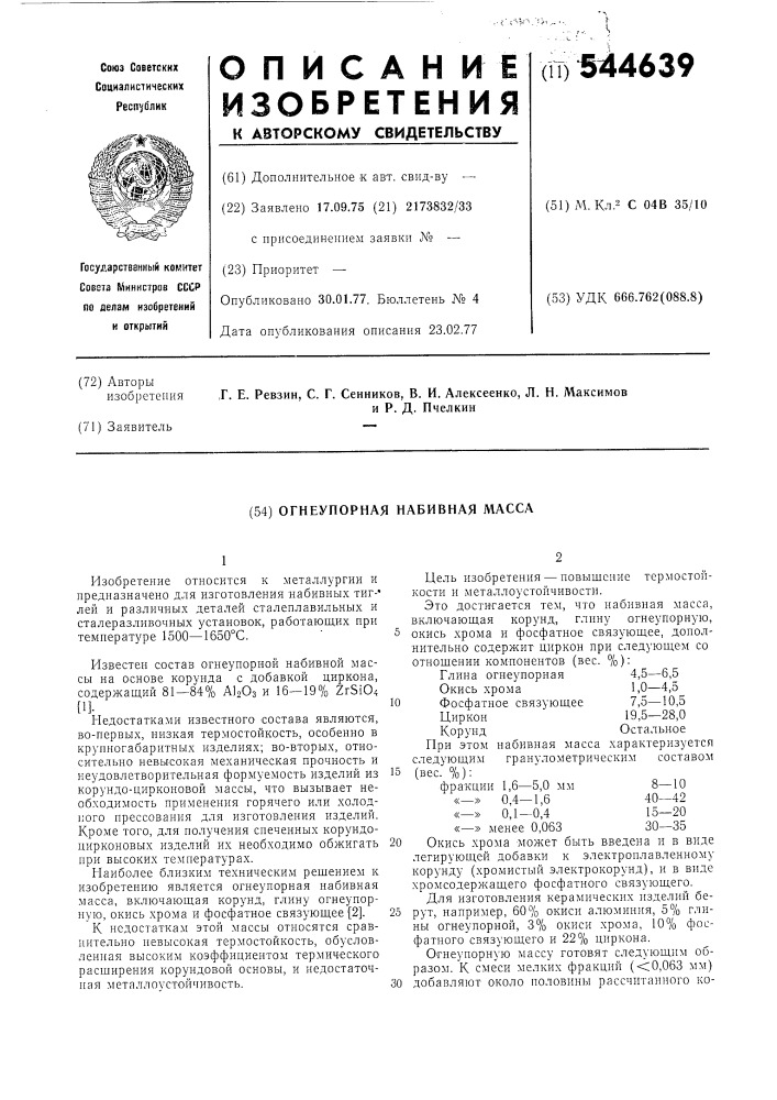 Огнеупорная набивная масса (патент 544639)