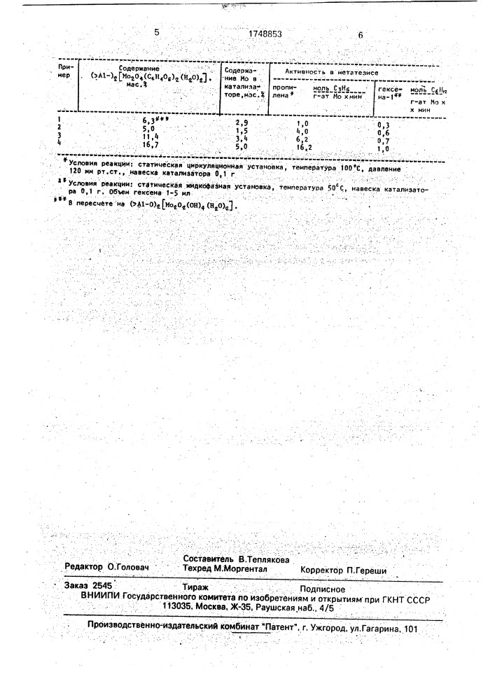 Катализатор для метатезиса олефинов и способ его приготовления (патент 1748853)