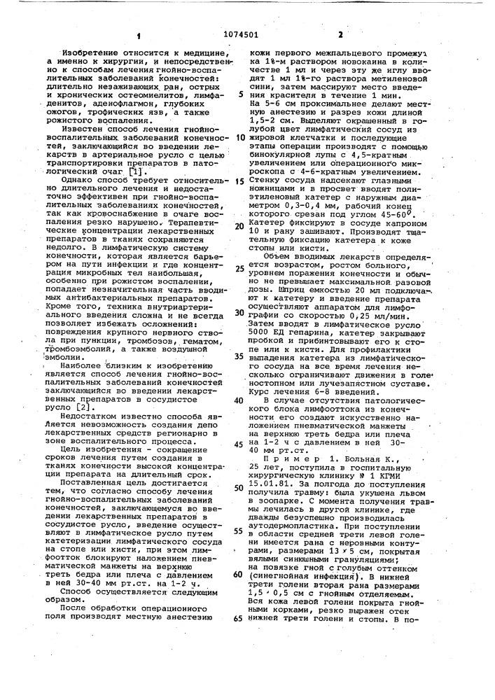 Способ лечения гнойно-воспалительных заболеваний конечностей (патент 1074501)
