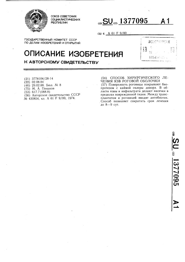 Способ хирургического лечения язв роговой оболочки (патент 1377095)