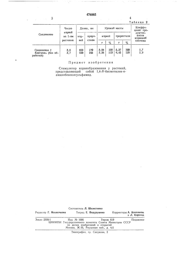 Стимулятор корнеобразования у растений (патент 476865)