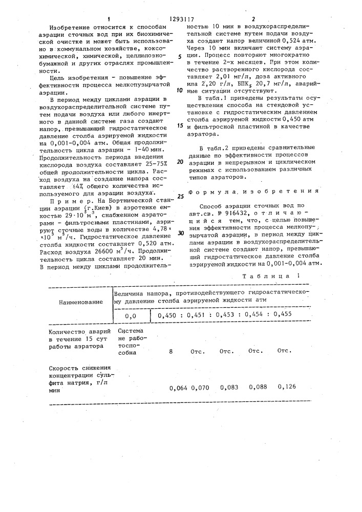Способ аэрации сточных вод (патент 1293117)