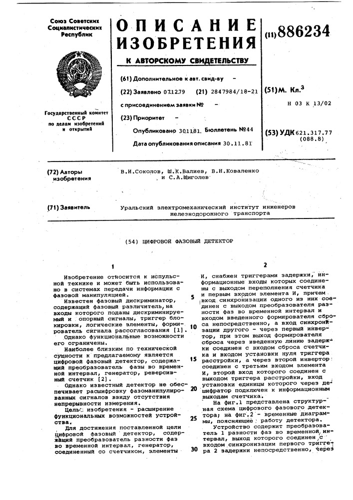Цифровой фазовый детектор (патент 886234)