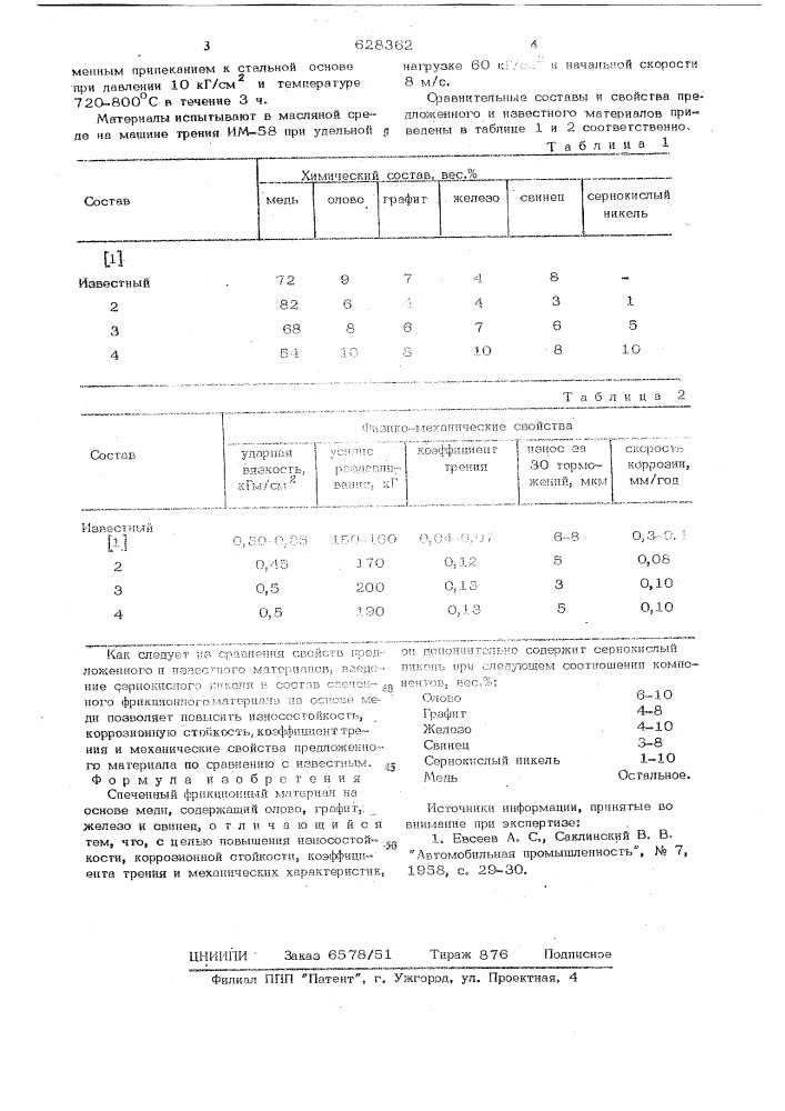 Спеченный фрикционный материал на основе меди (патент 628362)