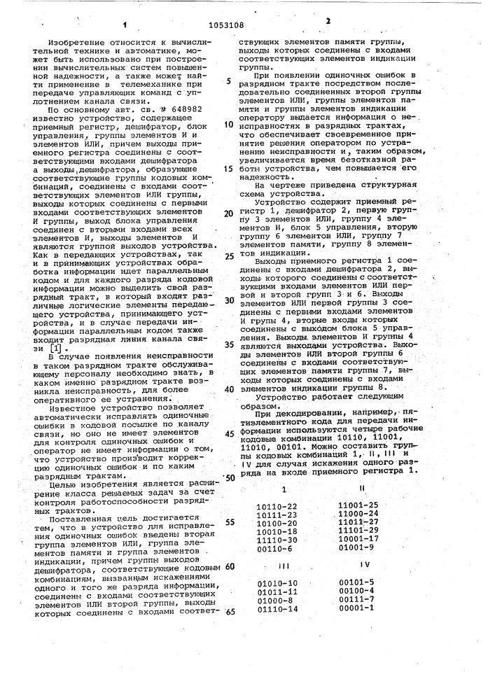 Устройство для исправления одиночных ошибок (патент 1053108)