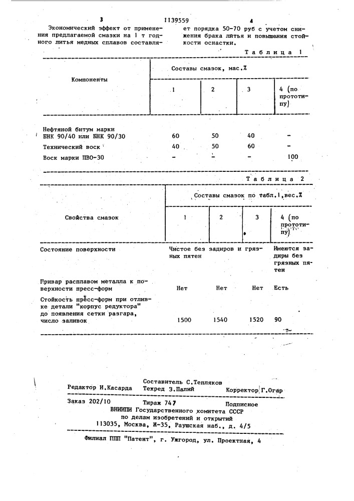 Смазка для пресс-форм литья преимущественно медных сплавов с кристаллизацией под давлением (патент 1139559)