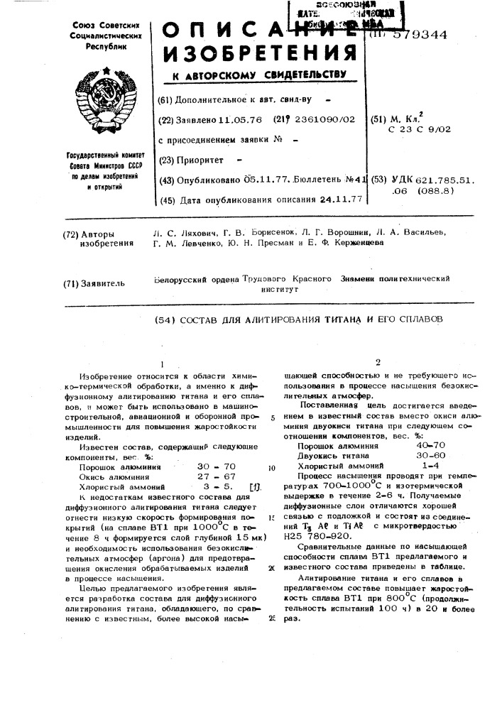 Состав для алитирования титана и его сплавов (патент 579344)