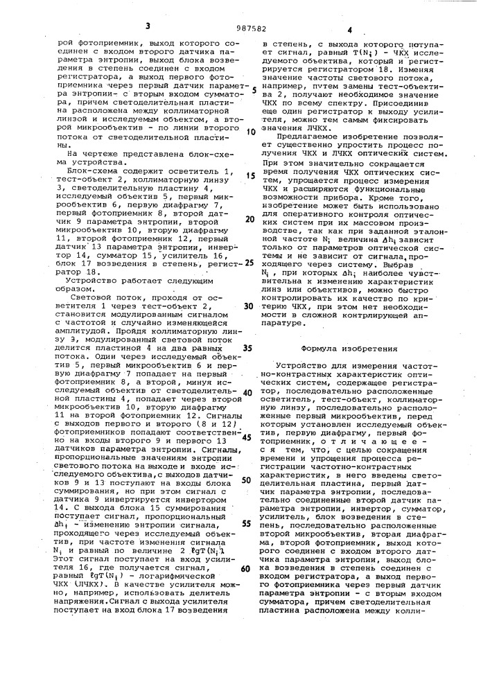 Устройство для измерения частотно-контрастных характеристик оптических систем (патент 987582)