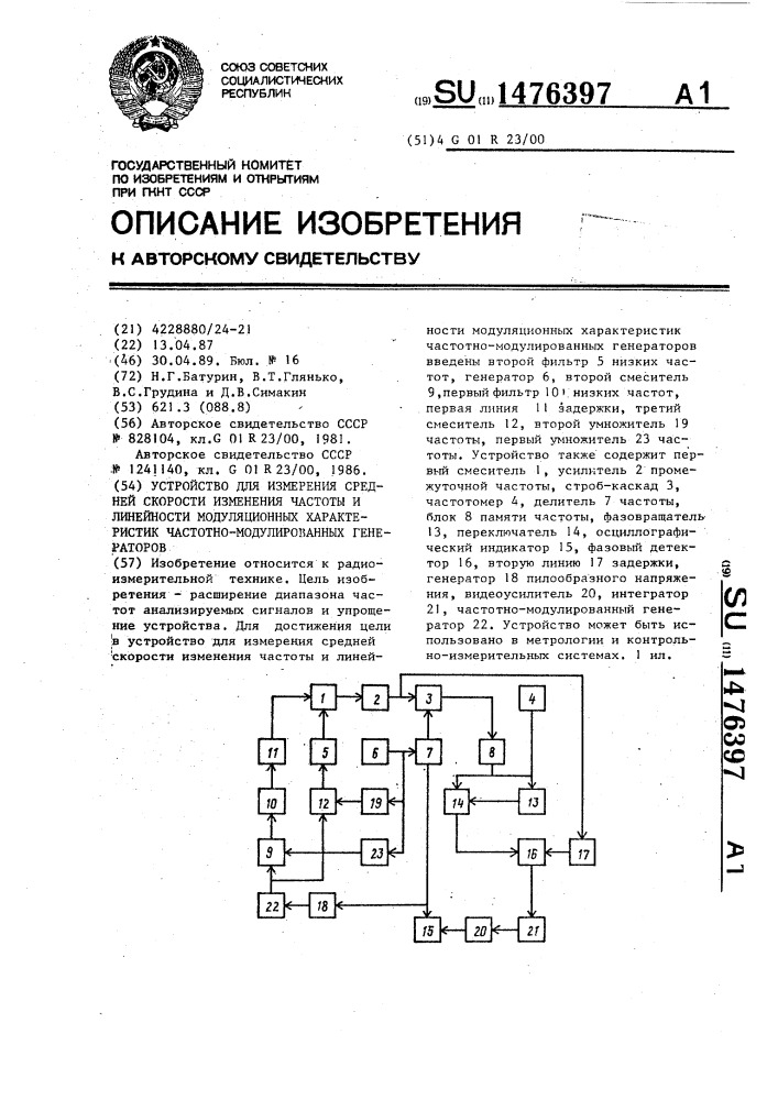 Устройство для измерения средней скорости изменения частоты и линейности модуляционных характеристик частотно- модулированных генераторов (патент 1476397)