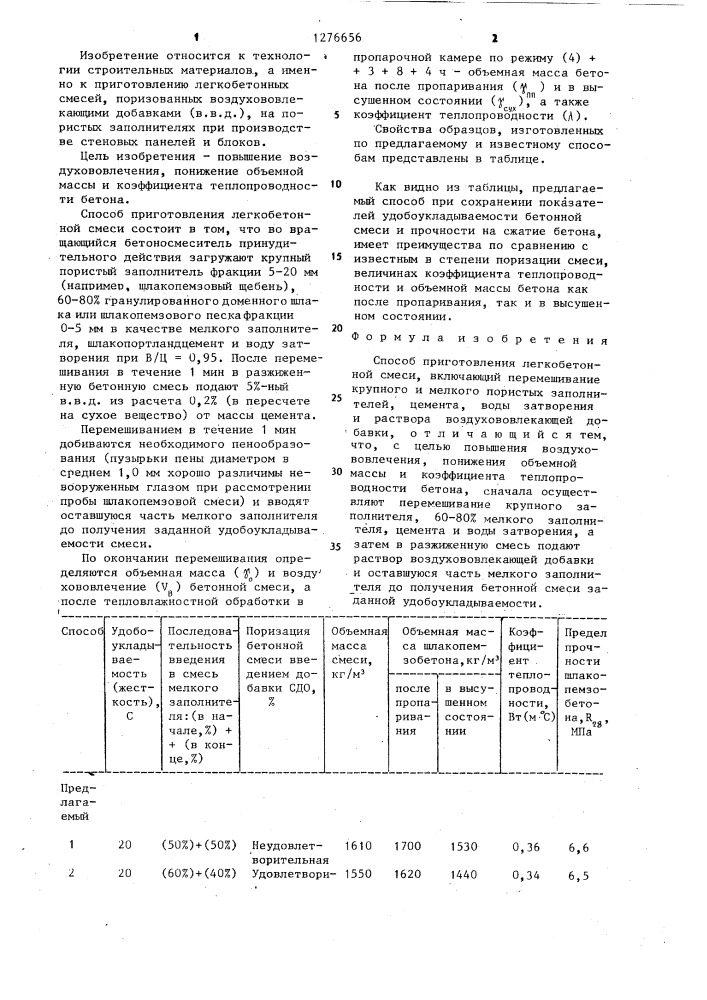 Способ приготовления легкобетонной смеси (патент 1276656)