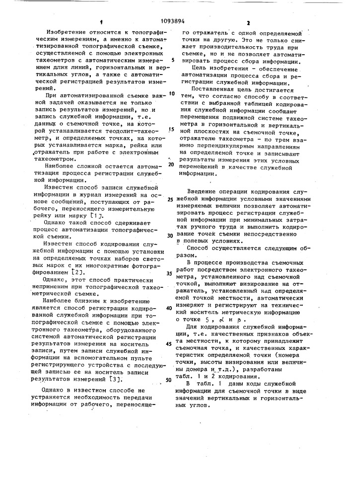 Способ регистрации кодированной служебной информации при топографической съемке с помощью электронного тахеометра, оборудованного системой автоматической регистрации результатов измерения на носитель записи (патент 1093894)