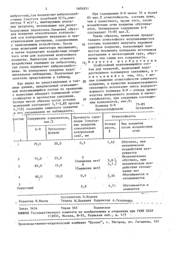 Огнестойкий вспучивающийся состав для покрытий (патент 1604831)