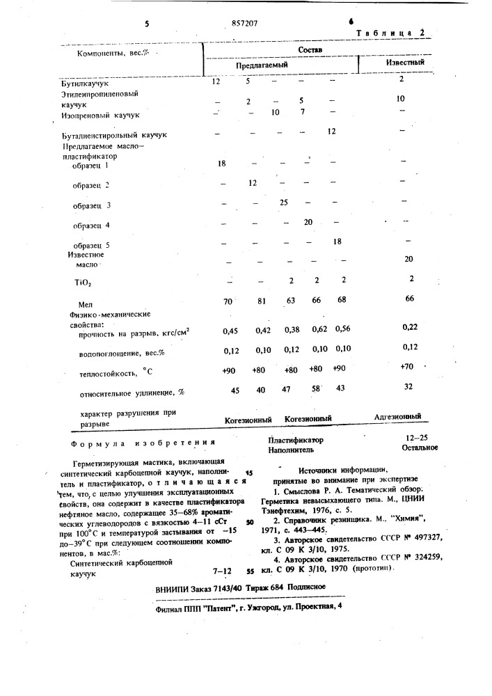 Герметизирующая мастика (патент 857207)