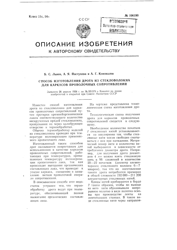 Способ изготовления дрота из стекловолокна для каркасов проволочных сопротивлений (патент 106190)