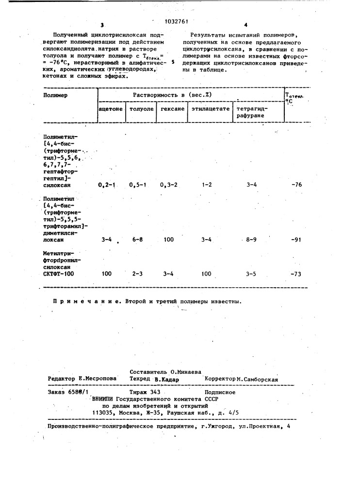 1,3,5-триметил-1,3,5-трис @ 4,4-бис(трифторметил)-5,5,6,6,7, 7,7-гептафторгептил @ -циклотрисилоксан для синтеза стойких к органическим растворителям и морозостойких полимеров (патент 1032761)