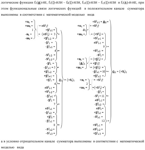 Функциональная входная структура сумматора с процедурой логического дифференцирования d/dn первой промежуточной суммы минимизированных аргументов слагаемых &#177;[ni]f(+/-)min и &#177;[mi]f(+/-)min (варианты русской логики) (патент 2427028)