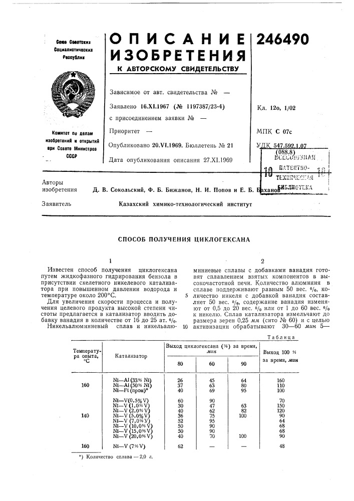 Способ получения циклогексана (патент 246490)