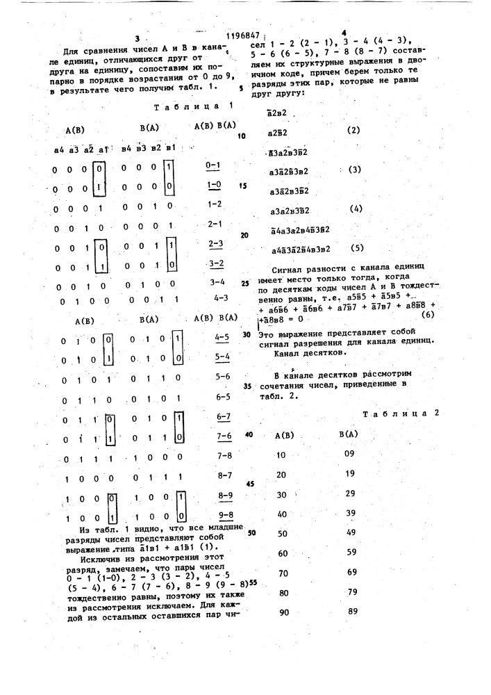 Устройство для определения разности двух чисел,отличающихся на единицу,в двоично-десятичном коде (патент 1196847)