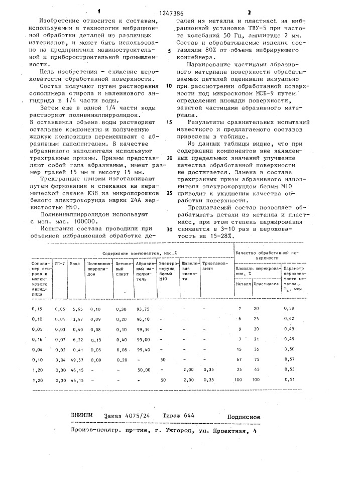 Состав для объемной виброобработки (патент 1247386)