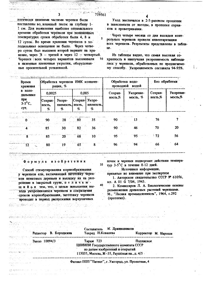 Способ стимулирования корнеобразования у черенков ели (патент 719561)